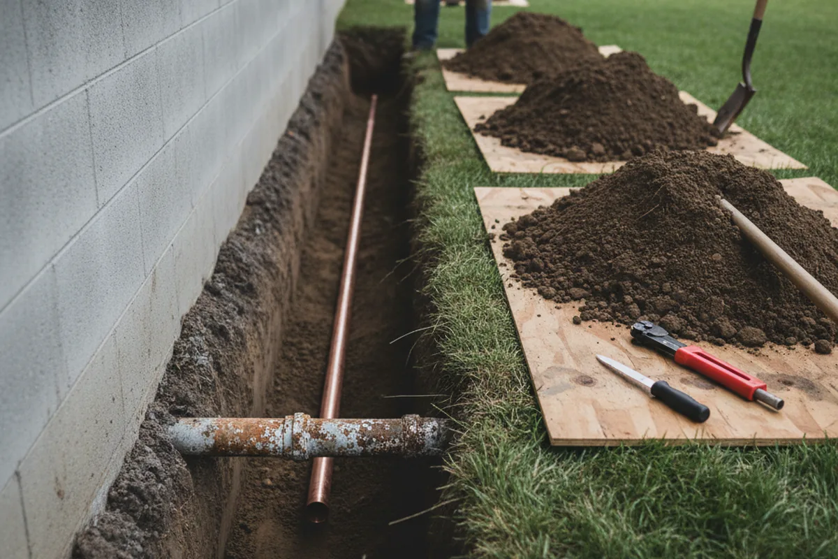 Excavated water line trench during Water Heater Repair in Odessa
